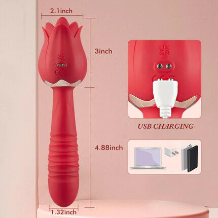 Tarzanee Red Rose Low Noise 5 Thrusting & Vibrating 7 Tongue Licking Vibrator